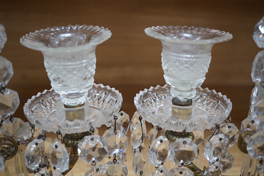 A pair of 19th century cut glass lustre drop candelabra, 42cm high. Condition - fair to good